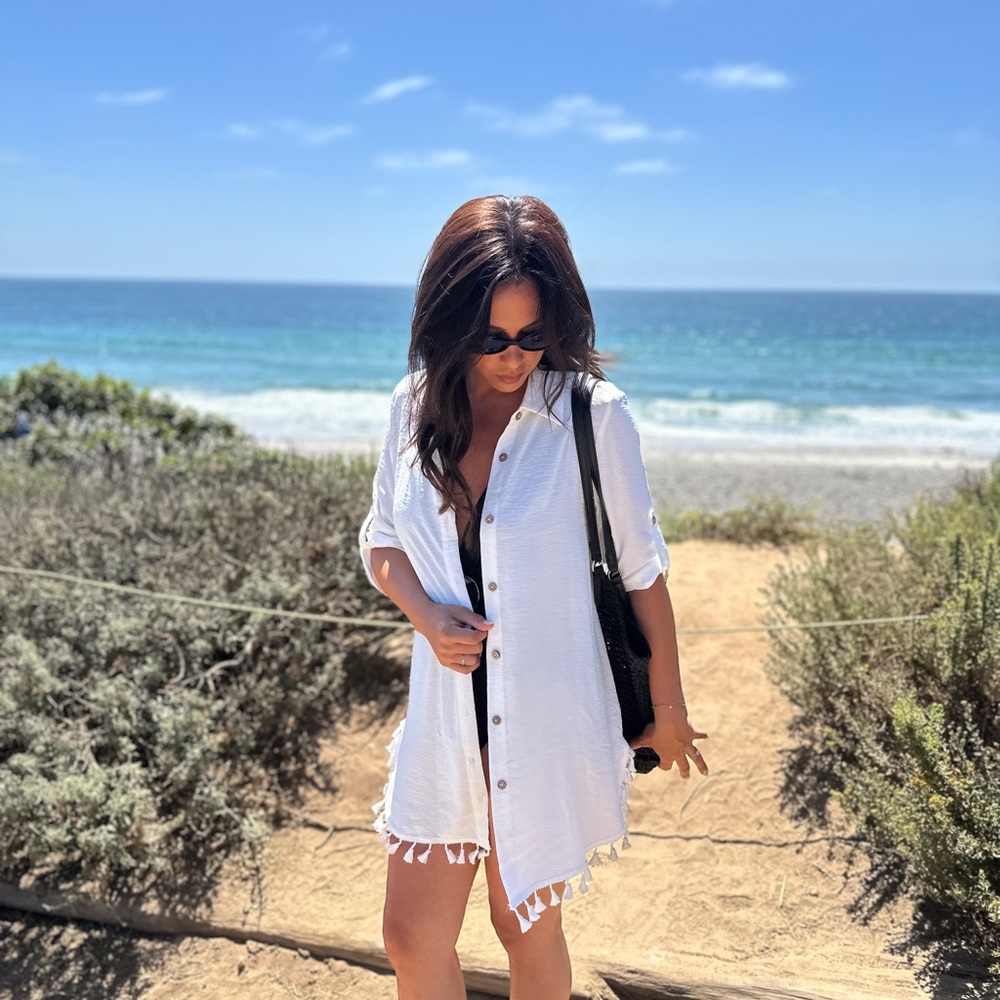 Amazon White Tassel Button-Up Swim Cover-Up